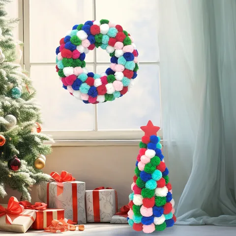 Christmas Multicolor Plush Pom Pom Wreath Tree Tabletop Hanging Ornament Rainbow Yarn Ball Festive Home Decor Ornament