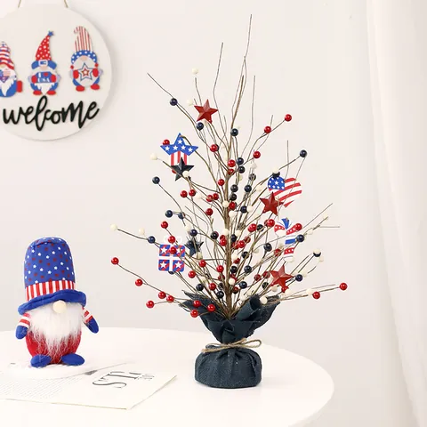USA Independence Day Decoration Berry Tree Patriotic Table Centerpiece Star Heart Flag Wooden Sign Burlap Base Home Party Ornament