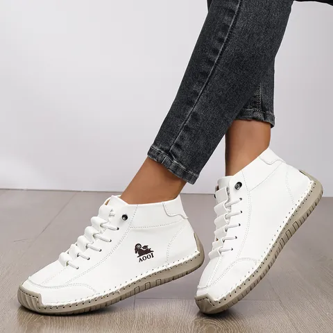 Women's Microfiber Leather Martin Boots Hand Stitched Retro Casual Flat Shoes Round Toe Lace Up Loafers Autumn Winter Comfort Footwear