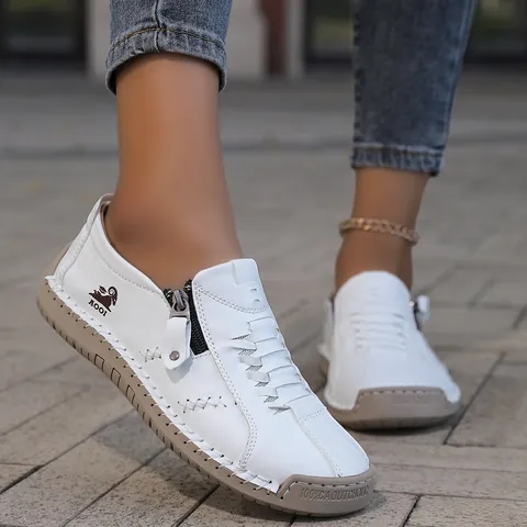 Zapatos Casuales de Cuero de Microfibra Cosidos a Mano para Mujeres Hombres Punta Redonda Suela Plana Cremallera Lateral