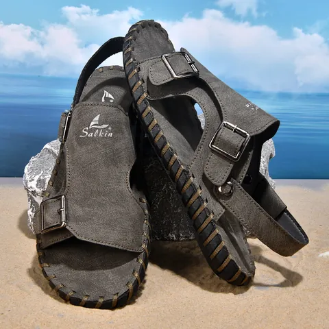 Herren Casual Leder Geschlossene Zehen Sandalen Sommer Strand Schuhe Rutschfeste Weiche Sohle Doppelschnalle Outdoor Fahren Slipper Für Herren