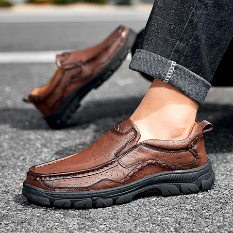 Men's Outdoor Casual Microfiber Leather Shoes Hiking Tooling Style Non-slip Thick Sole Slip-on Loafers For Men Daily Leisure Shoes