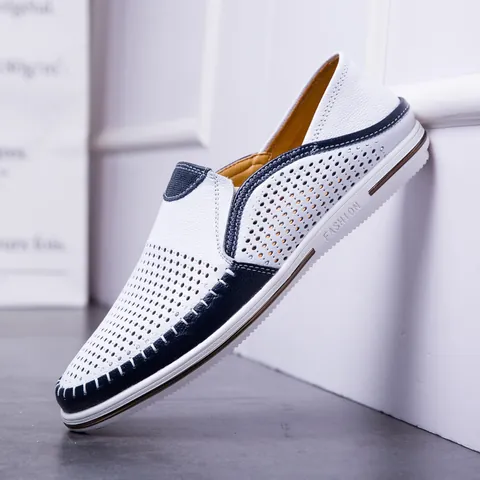 Herren Atmungsaktiv Echtleder Hohl Loafer Casual Slip On Fahrerschuhe Sommer Weich Nähte Leder Loafer Für Herren