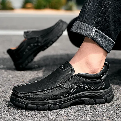 Men's Outdoor Casual Microfiber Leather Shoes Hiking Tooling Style Non-slip Thick Sole Slip-on Loafers For Men Daily Leisure Shoes