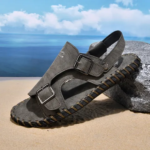 Herren Casual Leder Geschlossene Zehen Sandalen Sommer Strand Schuhe Rutschfeste Weiche Sohle Doppelschnalle Outdoor Fahren Slipper Für Herren