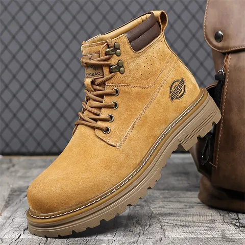Men High Top Martin Boots Casual Retro Work Boots Winter Warm Fleece Lined Anti Slip Rubber Sole Outdoor Fashion Leather Shoes For Men