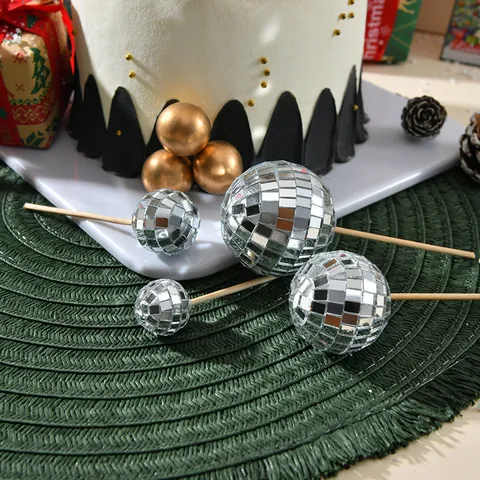 Disco Ball Cake Toppers Mirror Reflective Ball For Wedding Birthday Party Cake Decoration Site Layout Props Retro Silver Party Decor