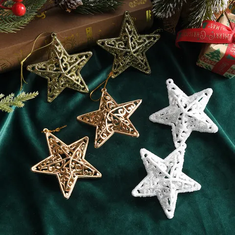Hollow Star Christmas Tree Hanging Ornaments Glittered Plastic Pentagram Decorations For Xmas Party Holiday Home Decor 4 Pieces