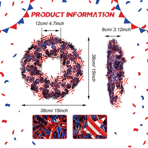 Patriotic Independence Day Tinsel Wreath USA Flag Red White Blue PVC Stars Wreath For Front Door Outdoor Home Yard Decoration