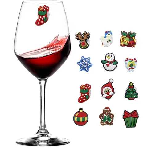 Christmas Wine Glass Markers PVC Suction Cup Magnet Drink Identifiers Holiday Party Table Decorative Glass Charms Reusable Tags