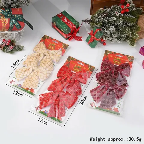 Christmas Tree Bow Topper Decoration Red Gold Glitter Plaid Bows For Holiday Party Ornament Home Decor Christmas Decoration