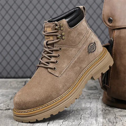 Men High Top Martin Boots Casual Retro Work Boots Winter Warm Fleece Lined Anti Slip Rubber Sole Outdoor Fashion Leather Shoes For Men