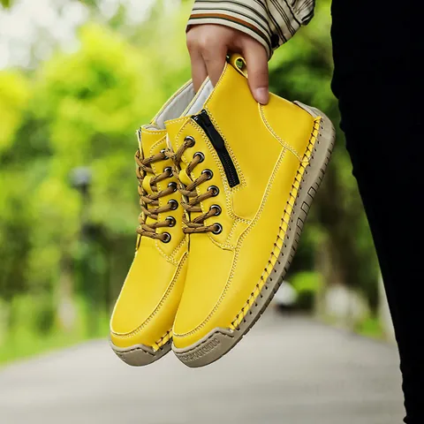 Damen Handgefertigte Genähte Martin Boots Seitlicher Reißverschluss Casual Ankle Boots PU Leder Flache Weiche Sohle Warme Winterschuhe