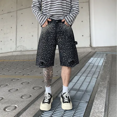 Men Rhinestone Carpenter Denim Shorts Baggy Straight Distressed Washed Hip Hop Knee Length Jean Shorts For Men Streetwear