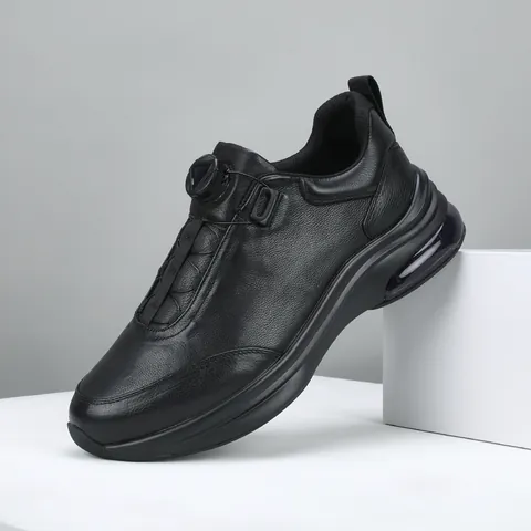 Men Genuine First Layer Cowhide Leather Casual Sneakers Thick Sole Rotating Buckle Cushioning Sports Shoes Non-Slip Loafers