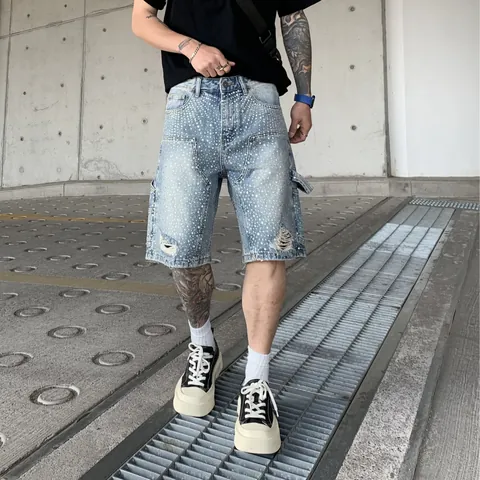 Men Rhinestone Carpenter Denim Shorts Baggy Straight Distressed Washed Hip Hop Knee Length Jean Shorts For Men Streetwear