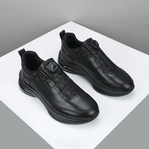 Men Genuine First Layer Cowhide Leather Casual Sneakers Thick Sole Rotating Buckle Cushioning Sports Shoes Non-Slip Loafers