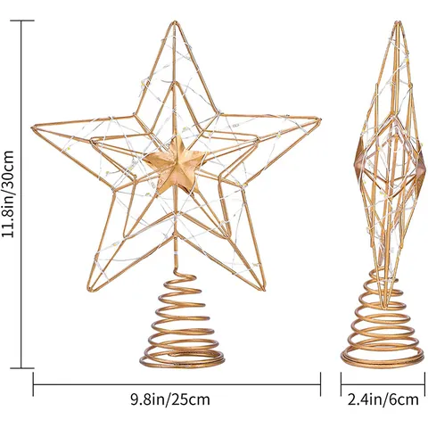 Gold Weihnachtsbaumspitze Stern Eisen Hohl Pentagramm Mit LED Licht Batteriebetrieben Baumschmuck Festival Haus Dekoration