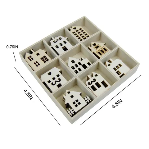 DIY Wooden Christmas House Ornaments 9-Grid Set Laser Cut Wood Chips For Xmas Tree Hanging Decorations Home Decor Crafts
