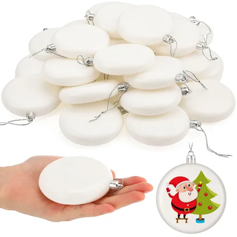 8cm White DIY Flat Round Hanging Ornaments Christmas Tree Decorations Plastic Blank Baubles With Gold Silver String For Festival Craft Decor