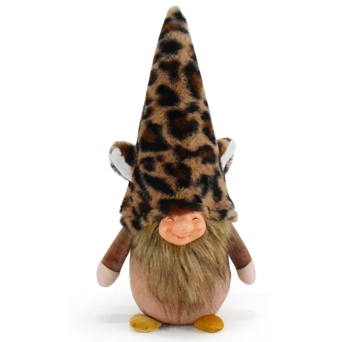 Gnome de Noël Peluche Imprimé Léopard Poupée Hiver Brun Nain Elfe Figurine Noël Fête Maison Décoration de Table Ornement
