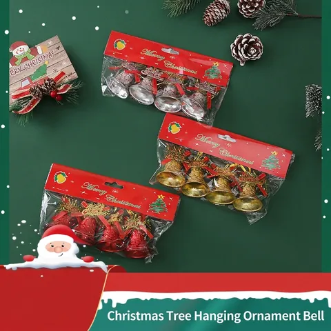 Christmas Tree Hanging Bell Ornaments Plastic Electroplated Bells With Red Bows Merry Christmas Tags For Festive Home Party Decor
