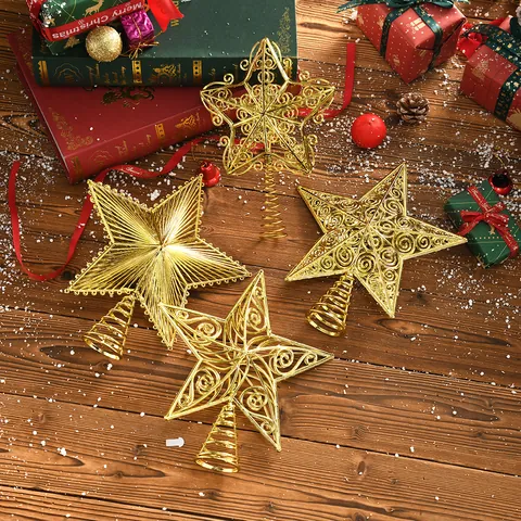 Gold Christmas Tree Topper Star Hollow Electroplated Five-Pointed Star Retro Festival Tree Top Decoration Ornaments