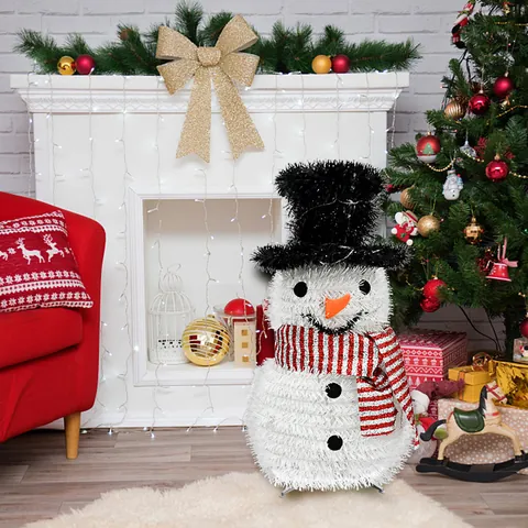 Weihnachten Tinsel Schneemann Ornament Weiß Glitzernd Faltbare Schneemann Dekoration Mit Zylinder Und Schal Für Zuhause Tischplatte Indoor Feiertag Dekor