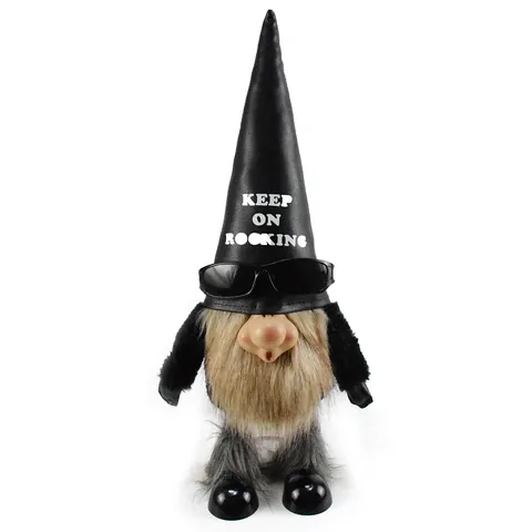 Figurine de Gnome Rocking Branchée avec Lunettes de Soleil Chapeau en Cuir Noir Barbe en Fausse Fourrure Décoration de Noël