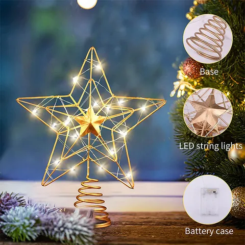 Gold Weihnachtsbaumspitze Stern Eisen Hohl Pentagramm Mit LED Licht Batteriebetrieben Baumschmuck Festival Haus Dekoration