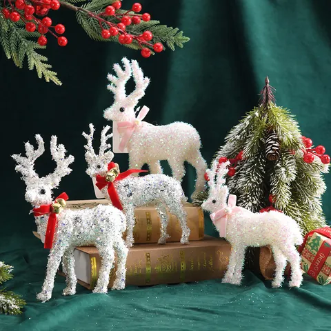 White Glitter Christmas Reindeer Figurine Deer Ornament With Bow Bell For Holiday Home Decor Mall Window Display Gift