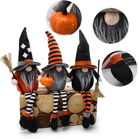Halloween Faceless Gnome Decoration Striped Long Legs Witch Hat Dwarf Handmade Plush Doll Tabletop Ornament For Halloween Party Home Decor