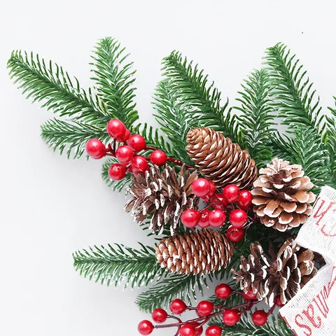 Christmas Wreath PE Simulated Pine Needle Red Berry Natural Pine Cone Ribbon Bow Door Window Ornament Festive Home Decor
