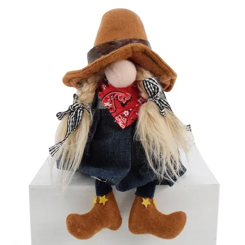 Western Cowboy Cowgirl Gnome Faceless Doll Handmade Plush Figurine With Braids Hat Rustic Home Desktop Decor Ornament
