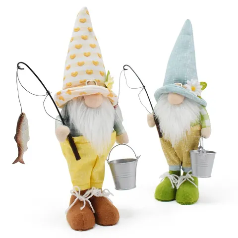 Gnomo Pescatore Bambola senza Volto Peluche Tema Pesca Ornamento con Canna Secchio Pesce per Decorazione Casa Regalo