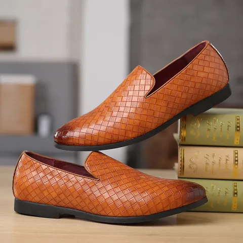 Herren Business Casual Loafers PU Leder Slip On Schuhe Webmuster Atmungsaktiv Rutschfest Leicht Flach Schuhwerk Für Alltag