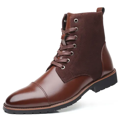 Men Casual Martin Boots Artificial PU Suede Patchwork Plus Velvet Warm High Top Winter Non Slip Lace Up Fashion Leather Boots