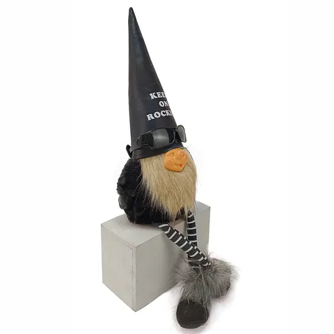 Rock Style Gnome Doll With Leather Hat Resin Face Sunglasses Gothic Black Fabric Hanging Legs Gnome Ornament Plush Doll