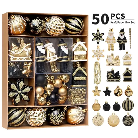 Ensemble de 50 Ornements d'Arbre de Noël Boules en Plastique Peintes Noir et Or Étoiles Flocons de Neige Décorations Suspendues