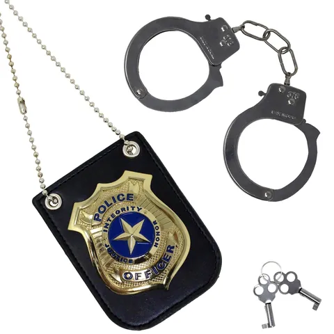 Halloween Kids Police Role Play Accessory Set Metal Badge With PU Holder And Toy Handcuffs Costume Props For Party