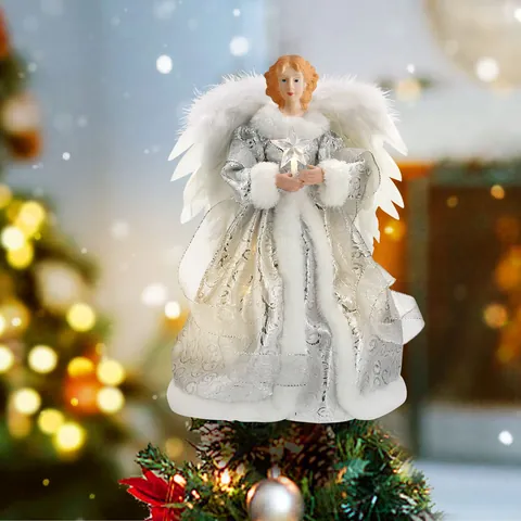 LED Glowing Christmas Angel Tree Topper Silver Fabric Wings Tree Top Ornament For Xmas Festive Home Decor Desktop Figurine