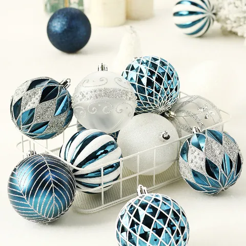 Blue White Silver Christmas Balls Set Irregular Painted Glitter Xmas Tree Hanging Ornaments For Holiday Home Decor