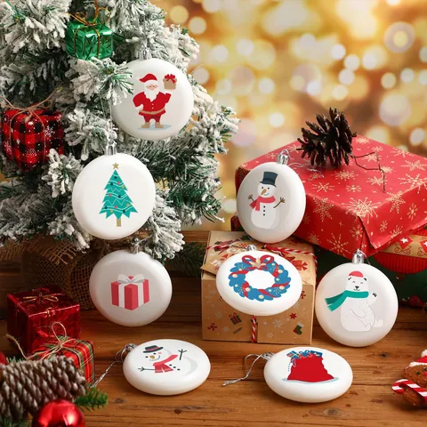 8cm White DIY Flat Round Hanging Ornaments Christmas Tree Decorations Plastic Blank Baubles With Gold Silver String For Festival Craft Decor