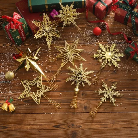 Golden Electroplated Christmas Tree Topper Hollow Star Snowflake Decoration For Holiday Party Xmas Home Ornament