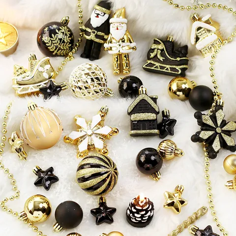 Ensemble de 50 Ornements d'Arbre de Noël Boules en Plastique Peintes Noir et Or Étoiles Flocons de Neige Décorations Suspendues