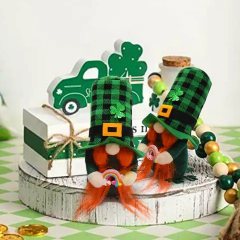 St. Patrick's Day Gnome Decor Green Plaid Hat Gnome Plush Doll With Orange Beard Clover Rainbow Irish Festival Gnome Ornament For Home Table Decorations