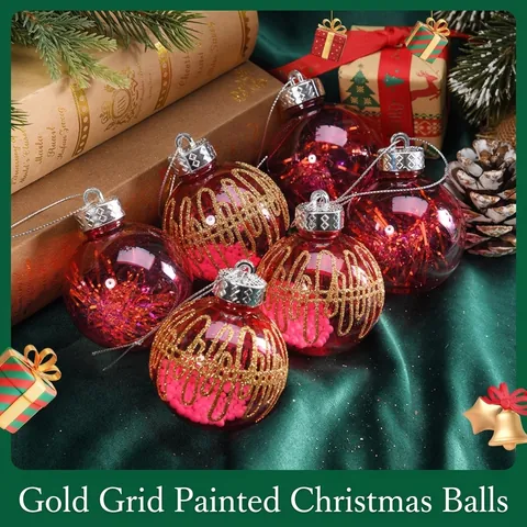 Christmas Ball Ornaments Set Plastic PET Painted Gold Grid Glitter Bauble For Christmas Tree Decoration Holiday Home Decor