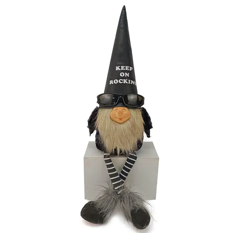 Rock Style Gnome Doll With Leather Hat Resin Face Sunglasses Gothic Black Fabric Hanging Legs Gnome Ornament Plush Doll