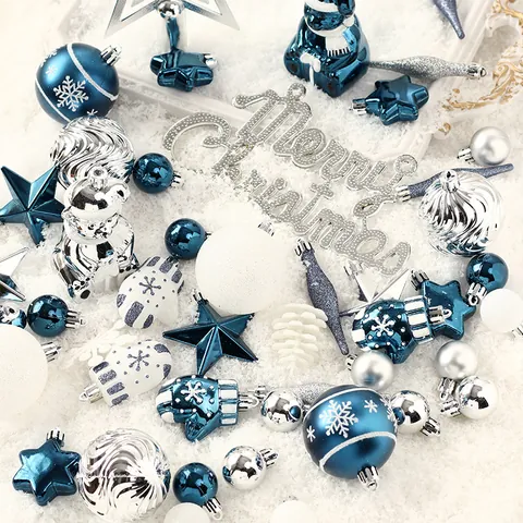 70 STK Blau Weiß Silber Weihnachtskugel Set Kunststoff Weihnachtsbaumspitze Stern Bemalt Glitzer Aufhänger Dekoration