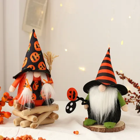 Halloween Gnome Witch Plush Doll Faceless Old Man Desktop Ornament With Pumpkin Patterns Straw Broom For Home Party Decor